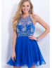 Chiffon Beaded Halter Backless Knee Length Prom Dress 